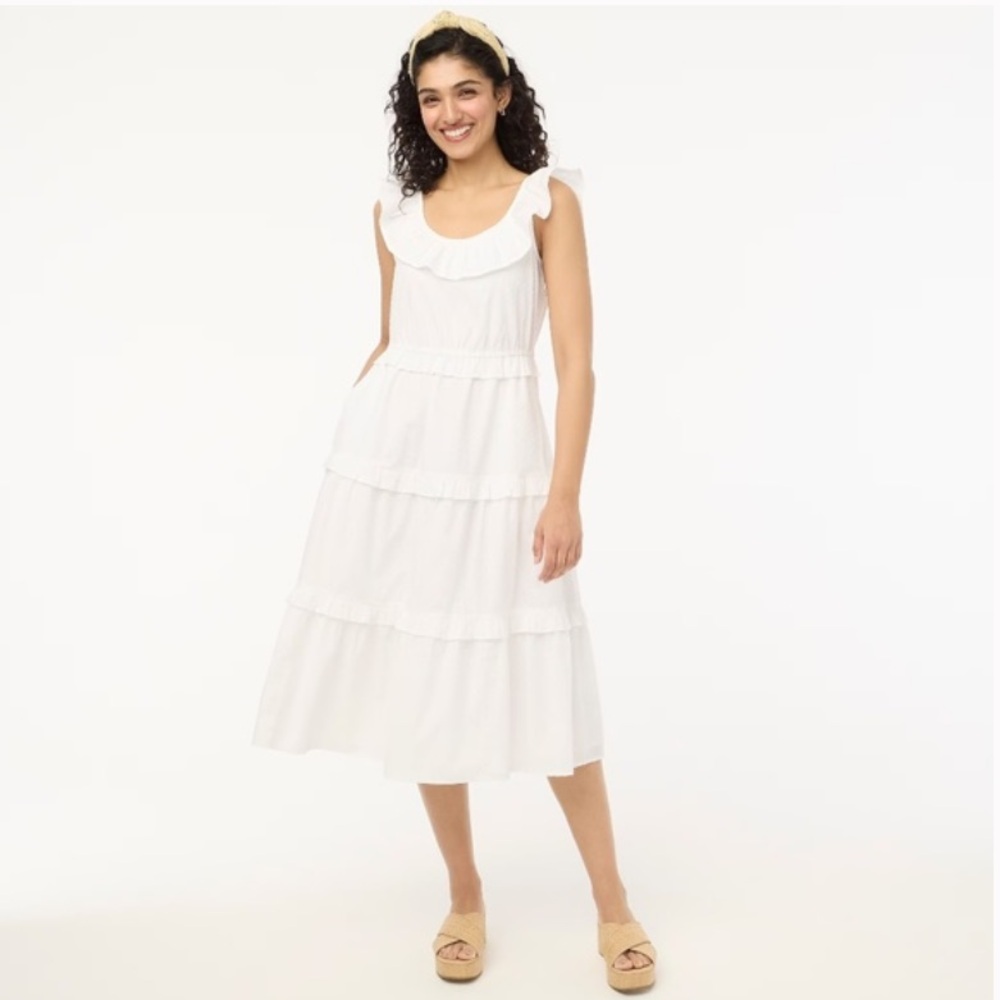 J. Crew Factory White Swiss Dot Printed Ruffle Tiered Midi Dress with Tie Back
